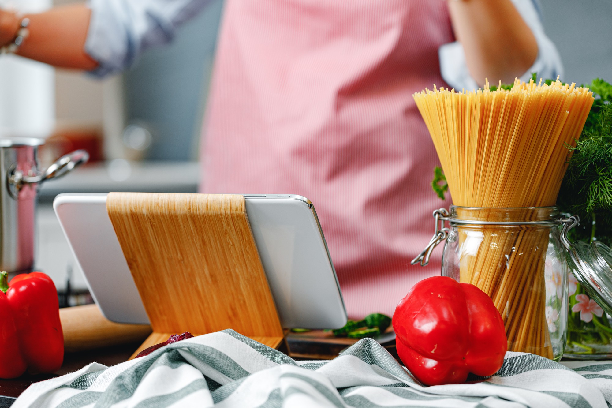 Modern kitchen workspace with utensils and fresh ingredients
